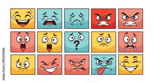 Collection of colorful square emoji faces expressing different emotions and feelings.