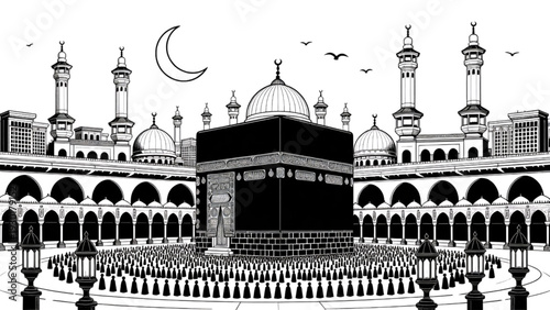 Pilgrims Gather at Kaaba, Mecca, Sacred Islamic Architecture, Spiritual Journey, Devotion, Unity, Hajj, Umrah, Cultural Travel