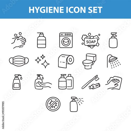 Hygiene Icon Set Featuring Handwashing Soap Sanitizer Mask and Bathroom Cleaning Symbols