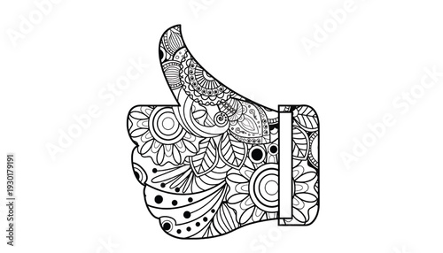 Thumbs up hand icon with ornate zentangle floral doodle pattern, black outline illustration for like, approval and feedback