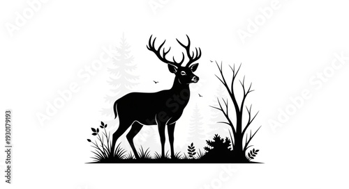 Black Silhouette Deer with Antlers.