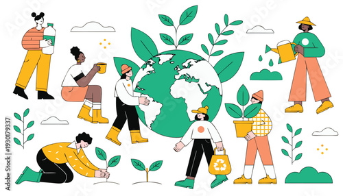 Set of 7 eco friendly people vector illustrations | the environment day | Earth day