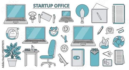 Startup office equipment and tools for business and work environment.