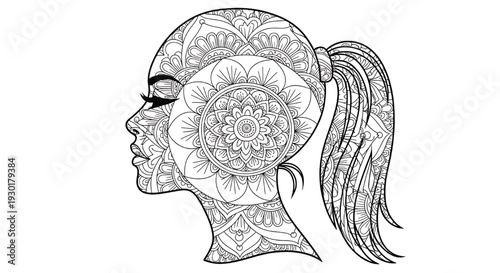 Woman silhouette mandala portrait with intricate floral ornaments, long hair outline, zen doodle line art coloring page