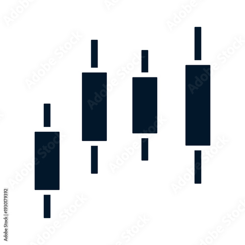 A dark blue graphic of four Japanese candlestick chart bars