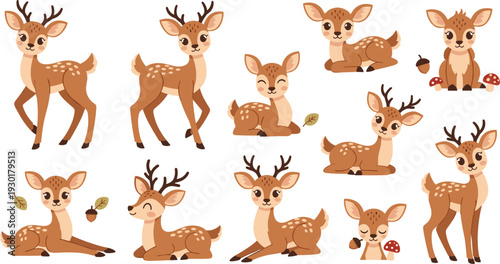 Cute Baby Deer and Fawn Cartoon Character Set with Various Poses and Forest Elements for Nursery Decor, Children Books, and Greeting Card Designs