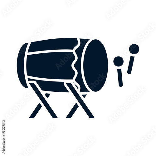 A dark blue silhouette of a drum on a stand with two drumsticks