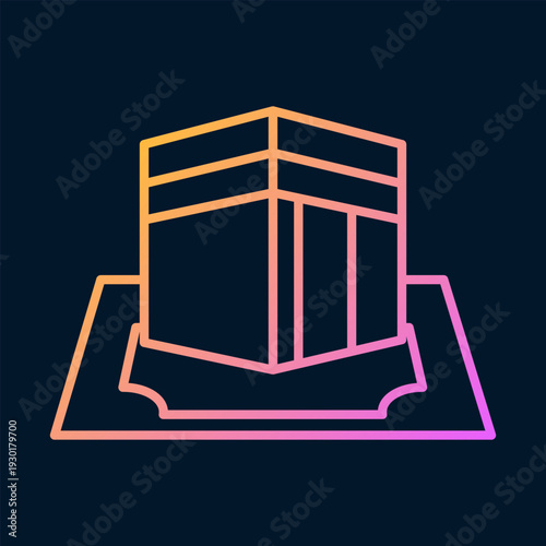 A minimalist icon of the Kaaba in Mecca on a dark blue background