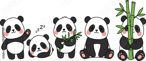 Cute panda bear cartoon illustration set showing playful poses with bamboo for kids designs, nursery art, animal themes, and adorable vector artwork