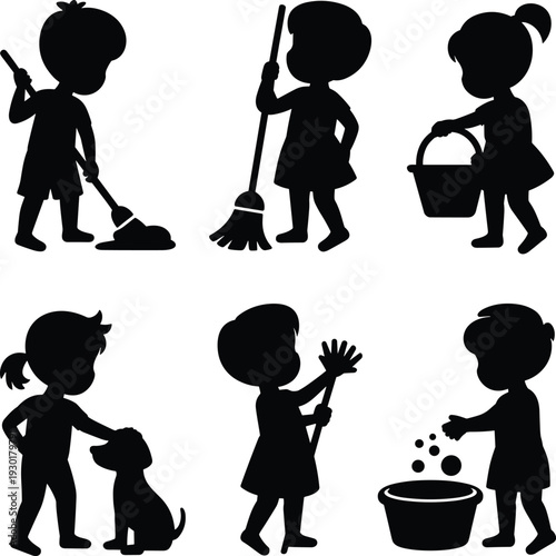 Children doing household chores silhouettes set, kids cleaning mopping washing and caring for pet isolated on white background