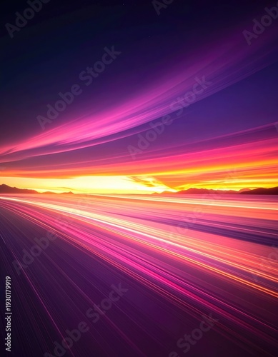 Abstract long exposure light trails streak across a vibrant sunset horizon over distant mountains.