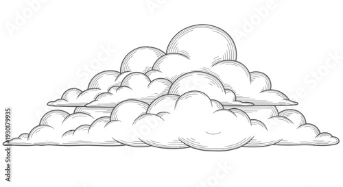 Vintage Hand Drawn Cumulus Clouds Sketch, Stylized Sky Illustration
