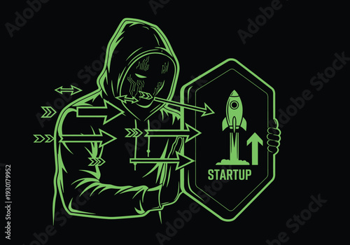 Hacker protecting startup rocket with digital shield against cyber attack