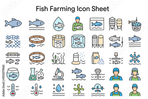 Collection of fish farming icons featuring aquaculture professionals and fish species in various settings
