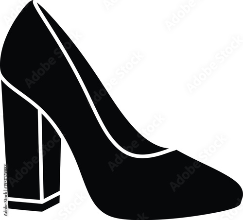 Black silhouette of a classic high heel shoe with a chunky block heel for fashion design.