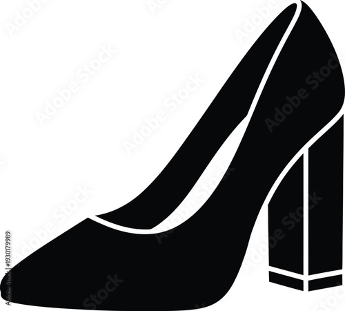 Black silhouette icon of a stylish women's high heel pump with a block heel design.