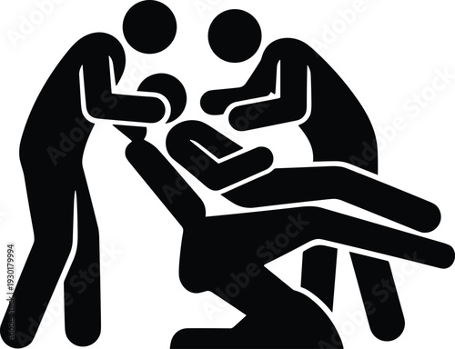 Dentist treating patient in dental chair with assistant, medical healthcare concept silhouette vector isolated on white background illustration