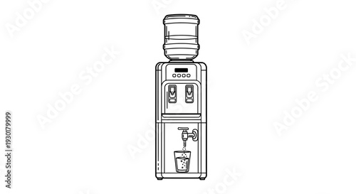 Water cooler dispenser with bottle, tap, and glass, line art illustration