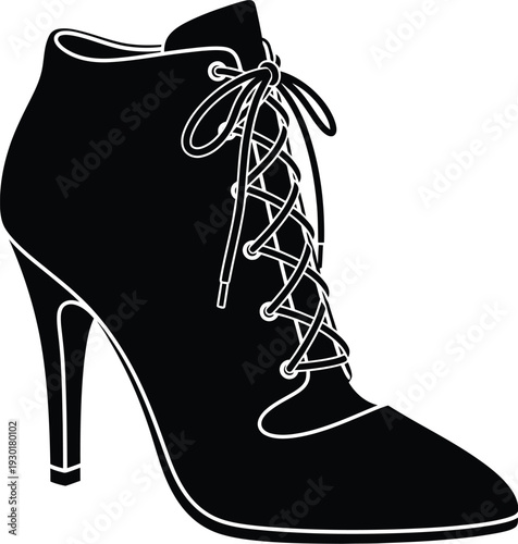 Black high-heeled lace-up ankle bootie silhouette isolated on a white background