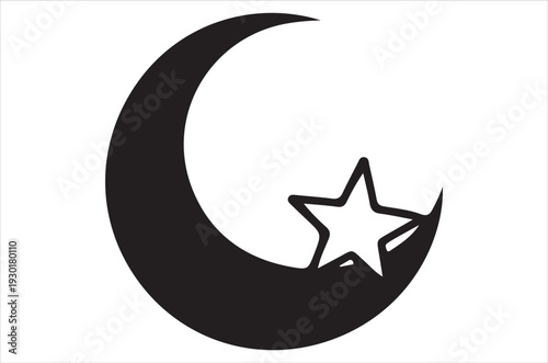 A black crescent moon embraces a white five pointed star