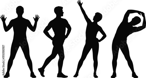 Male fitness stretching and warm up poses silhouette set, athletic body workout exercise isolated on white background