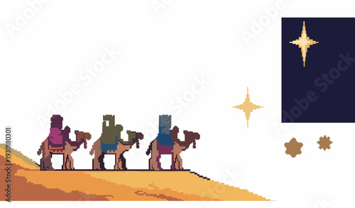 Pixel Art Nativity Scene Three Wise Men Traveling Under Starry Night Vector Illustration