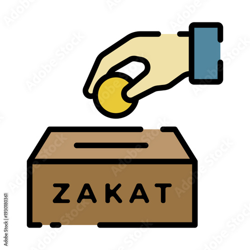 Hand dropping coin into box labeled ZAKAT