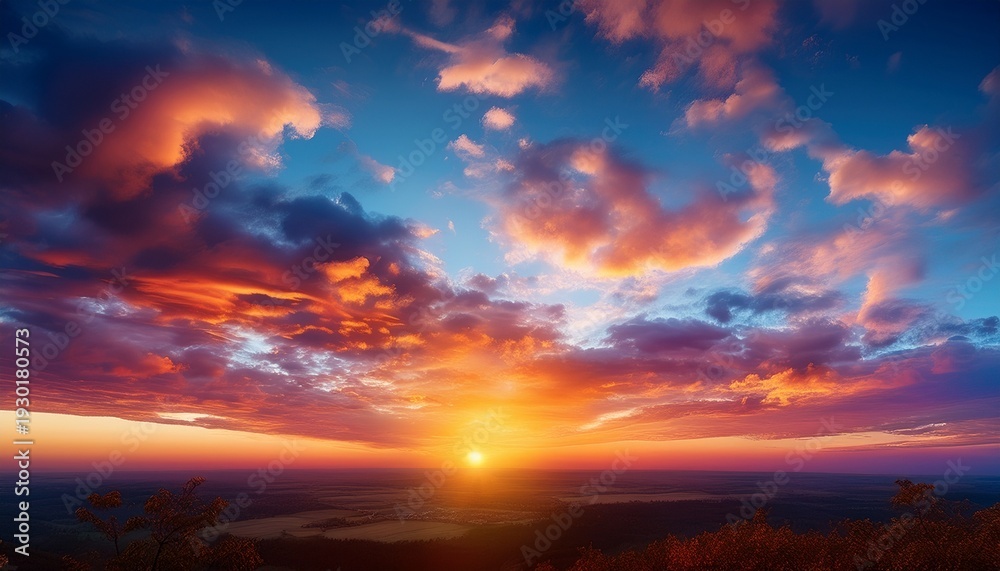 Fototapeta premium Colorful Sunset With Fluffy Clouds Over Horizon