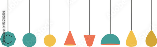 Modern hanging pendant lamps collection in flat design style, colorful ceiling lights isolated on white background vector illustration