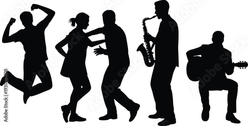 People dancing and playing musical instruments silhouettes, party entertainment concept with saxophone and guitar isolated on white background