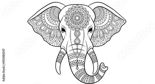 Elephant head mandala line art with ornate zentangle patterns, tribal ornament details, boho tattoo style coloring page illustration