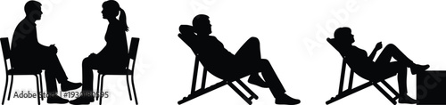 People sitting and relaxing silhouettes set, conversation and leisure lifestyle poses isolated on white background vector illustration