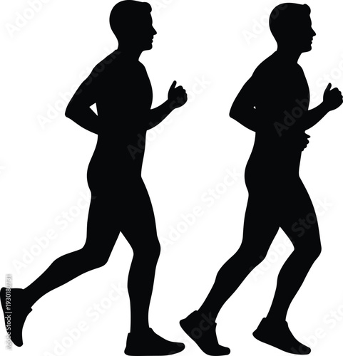 Running man silhouettes in side view, athletic fitness jogging pose isolated on white background vector illustration