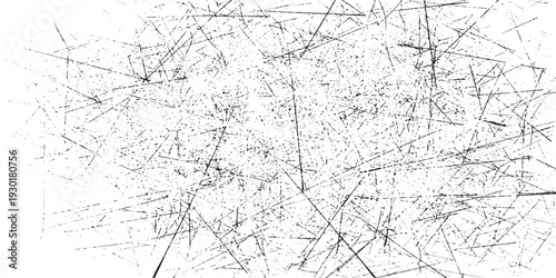 Chaotic Black Distressed Scratches and Speckles Grunge Texture on White, Creating an Intense and Dynamic Abstract Overlay for Rough Design Effects.