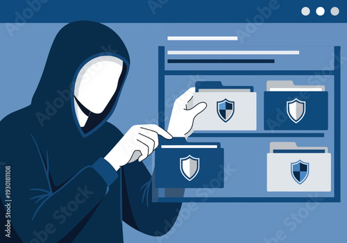 Hooded user accessing secure digital folders with shield icons