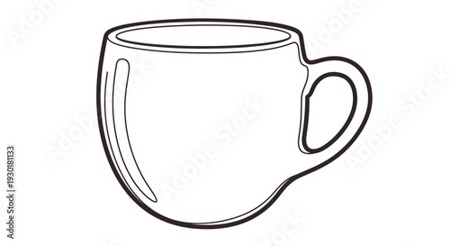 Simple Line Drawing of a White Ceramic Coffee Mug with Handle, Isolated on White Background