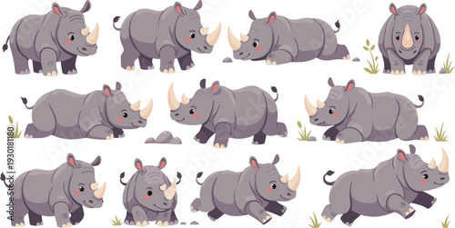 Cute Rhinoceros Character Vector Set with Various Poses Including Running, Standing, and Sitting for Wildlife Education, Childrens Books, and African Safari Animal Designs