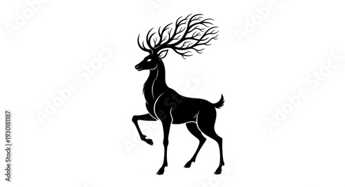 Black Silhouette Deer with Antlers Running.