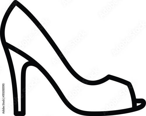 A simple black and white line drawing of a high-heeled peep-toe pump shoe icon.