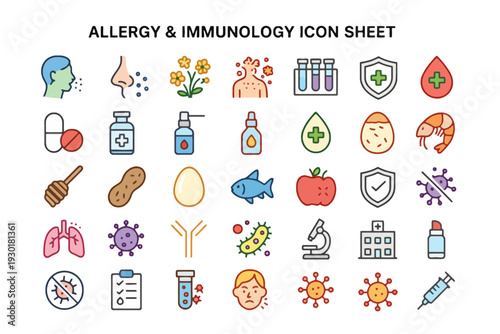 Medical Icons Representing Allergy and Immunology Concepts in a Clean and Modern Flat Design Style