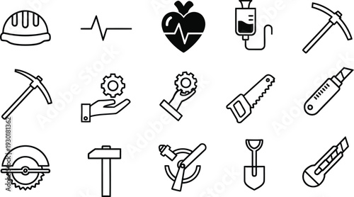 Collection of 12 black and white line icons related to construction medical and tools