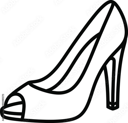 Minimalist black and white line art illustration of a women's high-heeled peep-toe shoe