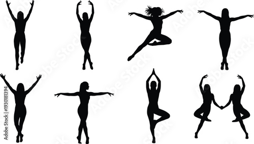 Beautiful dancing woman silhouette set girl ballet dancer pose gymnast jumping yoga exercise fitness lady figure active lifestyle vector illustration