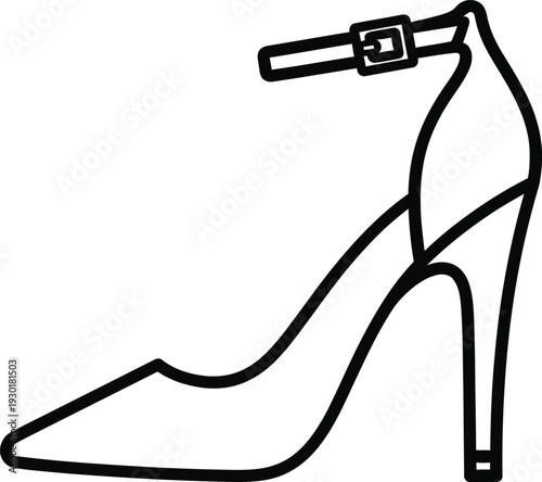 Black and white line art illustration of a woman's high-heeled stiletto shoe with an ankle strap.
