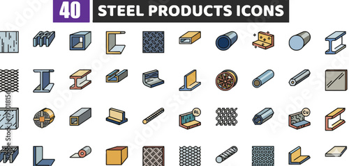 Collection of steel product icons displayed on a clean white background from a straightforward viewpoint