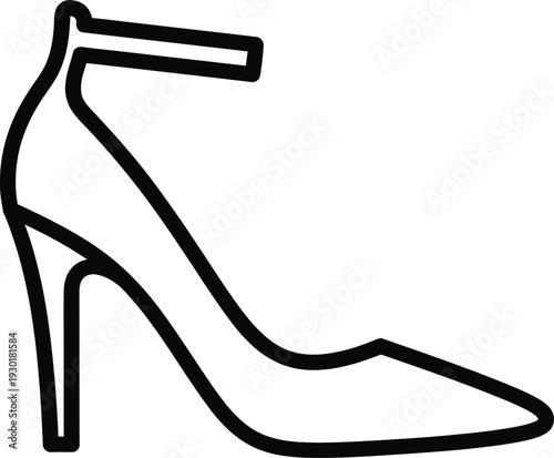Simple line drawing of a woman's high heeled shoe with an ankle strap and pointed toe.