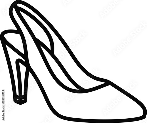 Simple black and white line drawing of a classic high-heeled slingback shoe for women.