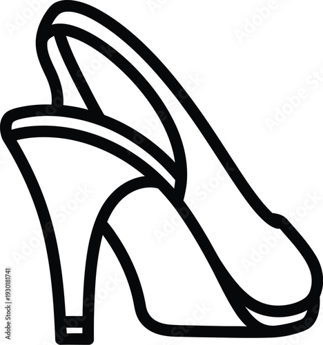 Black and white line art illustration of a woman's high-heeled slingback shoe on a white background.