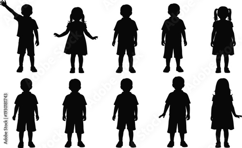 Black silhouette of little children collection set including young boys and girls standing in various poses isolated on white background.
