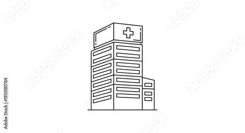 Modern Hospital Building Icon with Cross Symbol, Healthcare Architecture Line Art